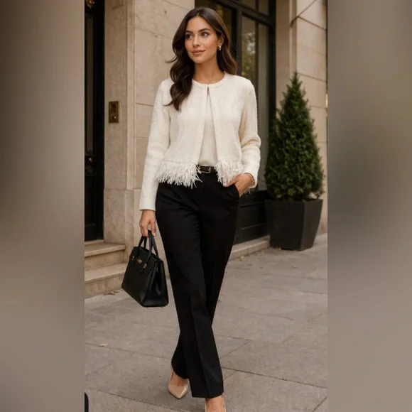 Ann Taylor elegant Cream Fringe Hem Cardigan size M - Picture 11 of 13